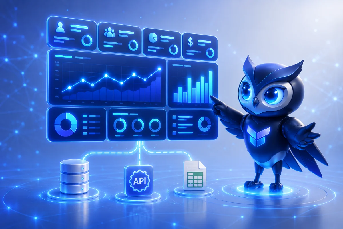 Ilustrasi layanan AI Dashboard & Business Intelligence oleh Ventera AI — solusi AI automation untuk bisnis Indonesia